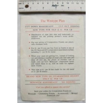 Vintage leaflet: Westype Plan, Avonmouth, Faces for Machine Composition