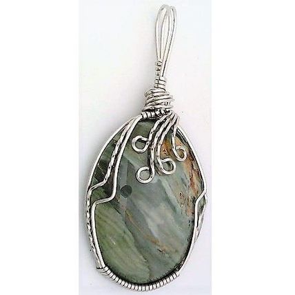 Larsonite Petrified Wood Stainless Wire Wrap Gemstone Pendant 18