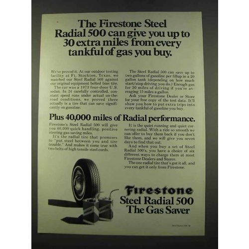 1974 Firestone Steel Radial 500 Tire Ad - Extra Miles