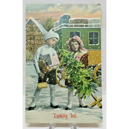 Christmas Young Boy and Girl Presents Christmas Tree Vintage Postcard A2