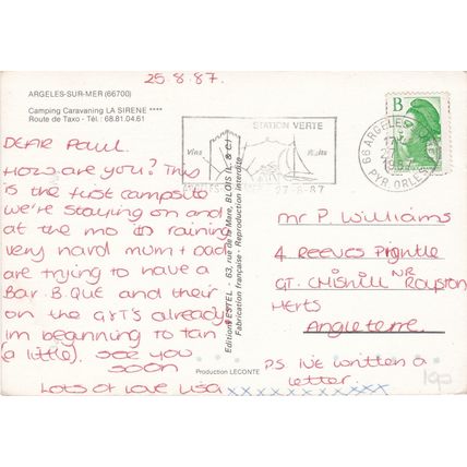 France Argeles sur Mer Slogan Postmark 1987 Postal History