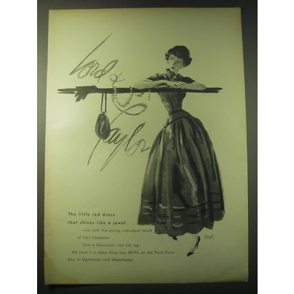 1948 Lord & Taylor Ceil Chapman Dress Ad - The little red dress that shines