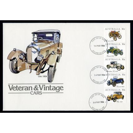 AUSTRALIA 1984 FDC Veteran & Vintage Cars (strip of 5) - Geelong VIC 3220 PMK