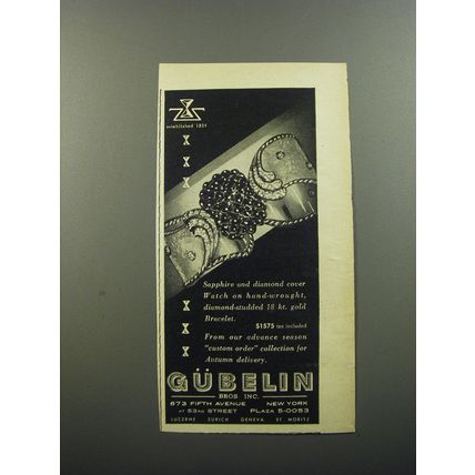 1956 Gubelin Bracelet Watch Ad - Sapphire and diamond cover Watch