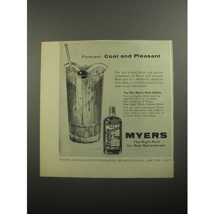 1956 Myers Rum Ad - Forecast: Cool and Pleasant