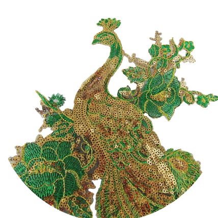 Very Large Peacock Sequin Iron On Badge Motif Green & Gold 45 x 24 cm P002