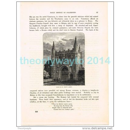 COLCHESTER, GATE OF ST JOHNS ABBEY, ESSEX, BOOK ILLUSTRATION (PRINT), 1882