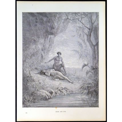 ADAM AND EVE 1885 Gustave Doré - Pannemaker ANTIQUE ENGRAVING