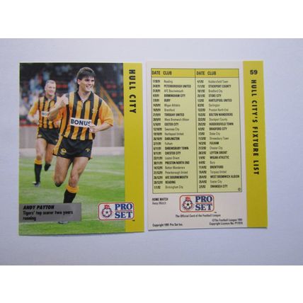 59. Hull City - Andy Payton - Pro Set 1990/91 Football Fixture List Card (ef1)