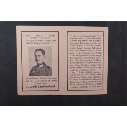 GERMAN DEATH NOTICE - JOSEPH LINDENLAUF , DIED 1943 IN RUSSIA