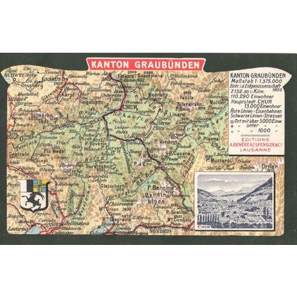 Kanton Graubunden Switzerland Chur Map 1913 Old Postcard