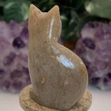 Soapstone Cat Figurine Crystal Carving Sitting Kitty Pet Figure Yellow Eyes 2.2"
