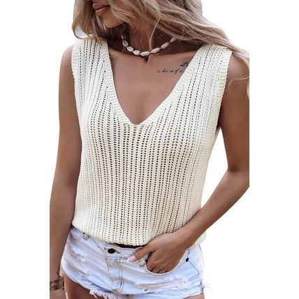 White Hollowed Knit V Neck Tank Top