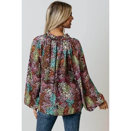 Multicolor Vibrant Floral Tie V Neck Puff Sleeve Blouse
