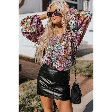 Multicolor Vibrant Floral Tie V Neck Puff Sleeve Blouse