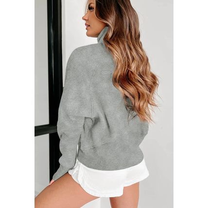 Gray Zip Up Stand Collar Ribbed Thumbhole Sleeve Sweatshirt