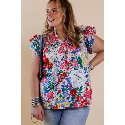 Red Plus Floral Print Ruffle Cap Sleeve V Neck Blouse