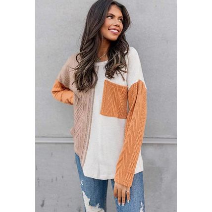 Orange Long Sleeve Colorblock Chest Pocket Textured Knit Top
