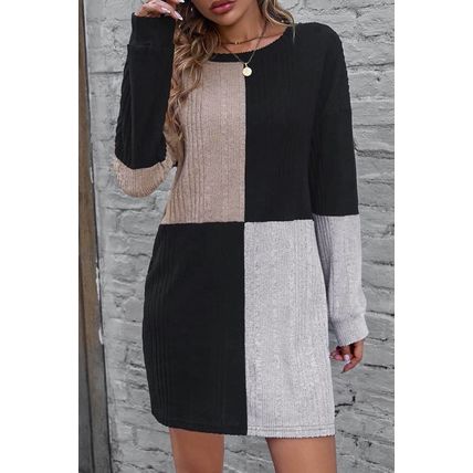 Black Ribbed Color Block Drop Shoulder Long Sleeve Mini Dress