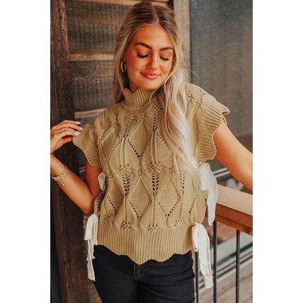 Light French Beige Hollowed Knit Scalloped Trim High Neck Sweater