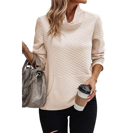 Apricot High Neck Kangaroo Pocket Quilted Sweatshirt