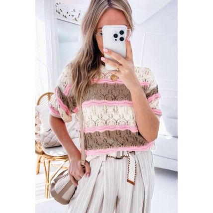 Brown Stripe Color Block Hollow Out Crochet Half Sleeve Sweater