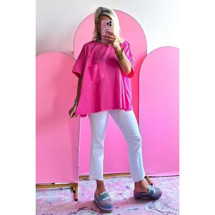 Bright Pink Patched Pocket Exposed Seam Oversize T-shirt