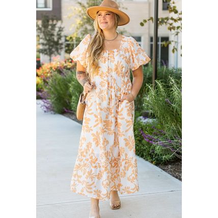 Apricot Floral Print Puff Short Sleeve Resort Plus Size Maxi Dress