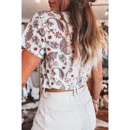 White Vintage Paisley Mock Neck T Shirt