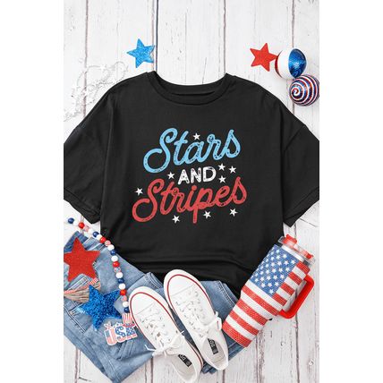 Black July 4th Stars AND Stripes Vintage Letter Graphic Tee