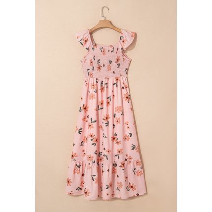 Pink Floral V Neck Smocked High Waist Ruffle Hem Long Dress