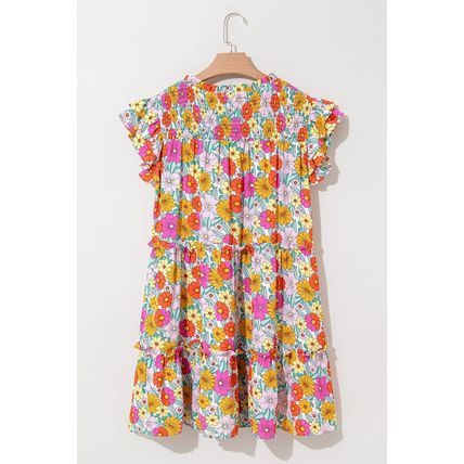 Sky Blue Floral Print Smocked Notch V Neck Flutter Sleeve Mini Dress