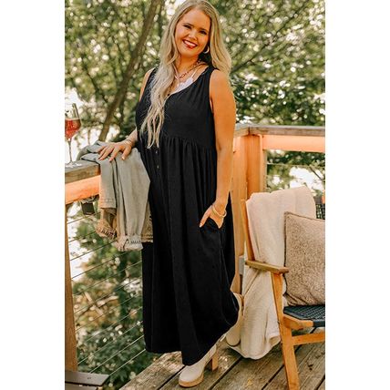 Black Plus Size Sleeveless Button Front Loose Jumpsuit