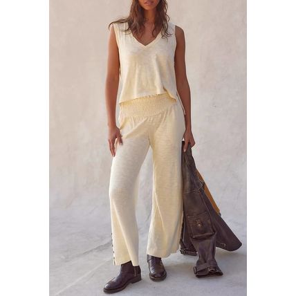 Beige Solid Color Tank Top and Smocked Waist Pants Set