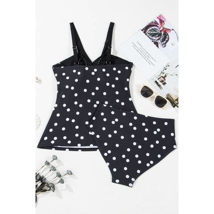 Black Polka Dot Print V Neck Tankini Set