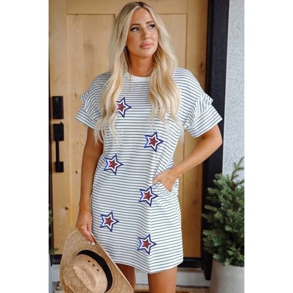White Stripe Sequin USA Flag Star Graphic Ruffled Short Sleeve Mini Dress