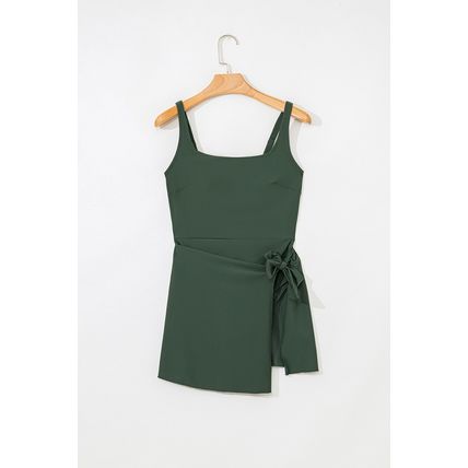 Mist Green Side Tied Waist Square Neck Adjustable Straps A-line One Piece Swim D