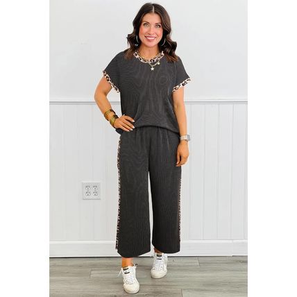 Carbon Grey Leopard Patchwork Edge Twisted Rib T Shirt and Cropped Pants Set