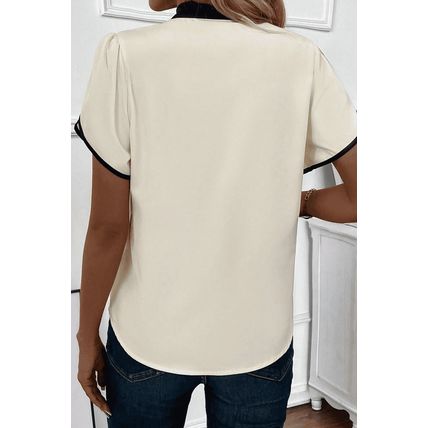White Bow Knot Neckline Contrast Stripe Short Sleeve Blouse