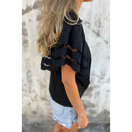 Black Hollow Out Embroidered Short Sleeve O Neck Top