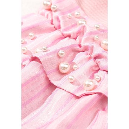 Light Pink Pearl Beaded Ruffle Short Sleeve Patchwork Ribbed Blouse