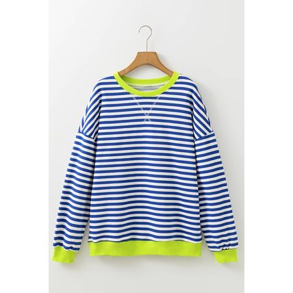 Sky Blue Stripe Striped Contrast Ribbed Trim Crossed Stitch Drop Shoulder Sweats
