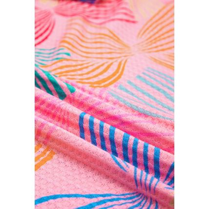 Pink Bowknot Printed Waffle Crewneck Loose Short Sleeve Top