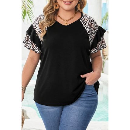 Black Leopard Ruffle Patchwork Sleeve Plus Size Summer Top