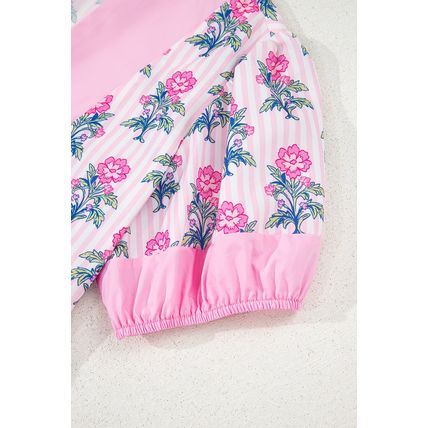 Rose Floral Striped Print Contrast Patchwork Ruffle Hem Blouse