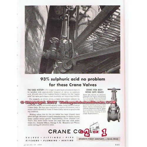 CRANE COMPANY 1955 oil gas petroleum valves pipe fittings vintage ad