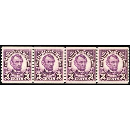 600, Mint XF NH 3¢ Coil Line Strip of Four * Stuart Katz