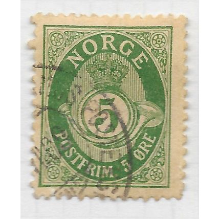 NORWAY 1893 CLASSIC POSTHORN SERIF 5ore GREEN USED
