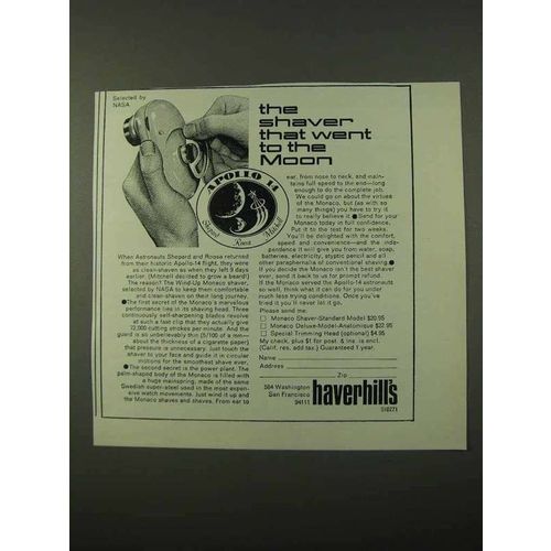 1972 Haverhills Monaco Shaver Ad - Went to the Moon