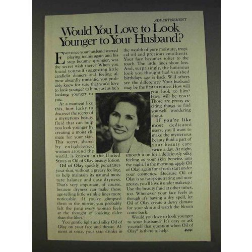1977 Oil of Olay Lotion Ad - Look Younger to Husband